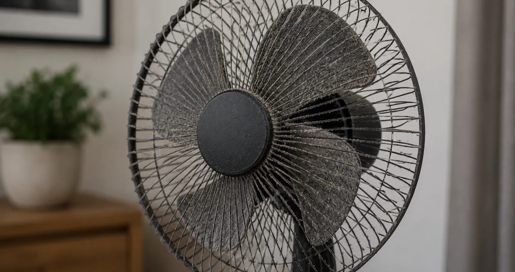 Närbild på dammiga fläktblad som behöver rengöras