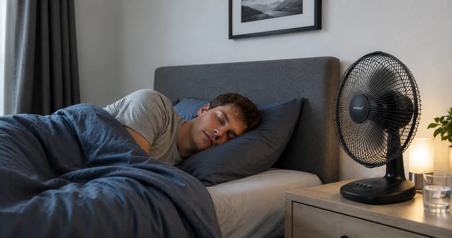 Person sover i sovrum med fläkt igång på nattduksbordet